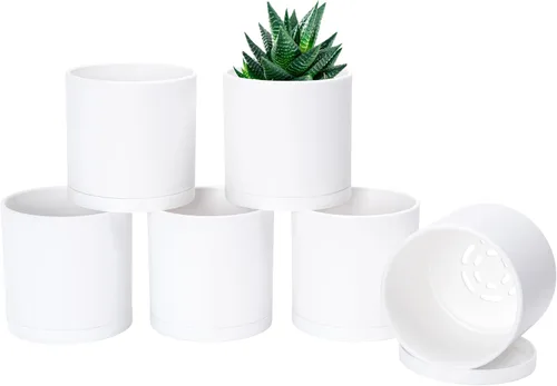 Vista 24 de D'vine Dev - Paquete de 2 macetas de plástico modernas de 4 pulgadas, pequeñas macetas de jardín para plantas con orificios de drenaje y platillos