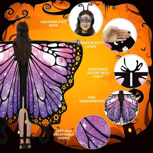 Vista 2 de Alas de mariposa para mujeres y niñas, disfraces de Halloween para mujeres, disfraz de hada para adultos, chal, fiesta, cosplay