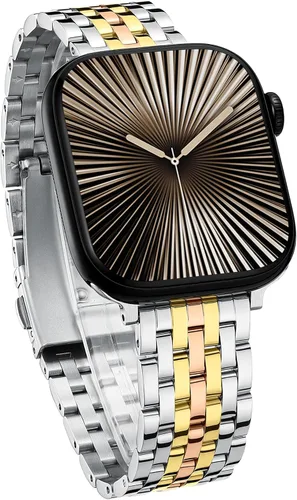 Vista 19 de Correa de reloj de siete eslabones para Apple Watch Series 11, 10, 9, 8, 7, 6, 5, 4, 3, 2, 1 y SE 3/2/1 para mujer, elegante correa de metal de Oro