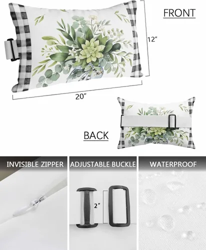 Vista 3 de Paquete de 2 fundas de almohada lumbar con hojas de eucalipto, impermeables, para exteriores, color verde botánico acuarela negra a cuadros