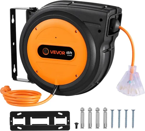 Vista 71 de VEVOR Carrete de cable de extensión retráctil de 25 pies resistente 14AWG Rojo