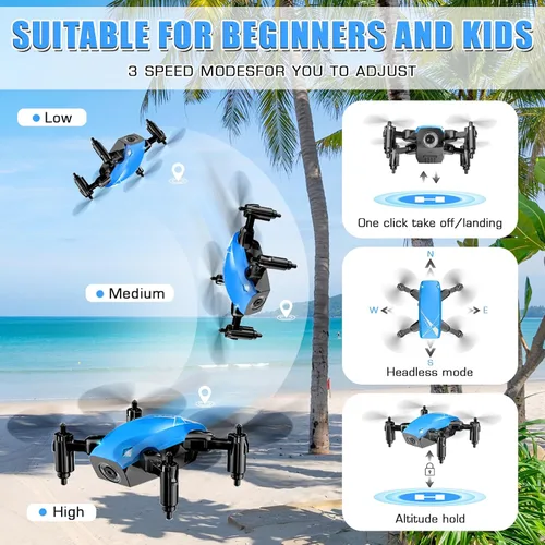 Vista 4 de Drones para niños con cámara, mini juguete cuadricóptero RC con alas plegables, control de voz y gestos, retención de altitud, protector de hélice