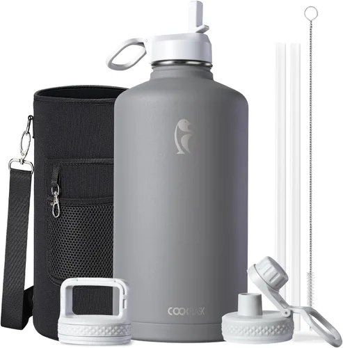 Vista 86 de Coolflask Botella de agua de 20 onzas aislada con pajilla, 3 tapas de metal de acero inoxidable, botella de agua de boca ancha para deportes u