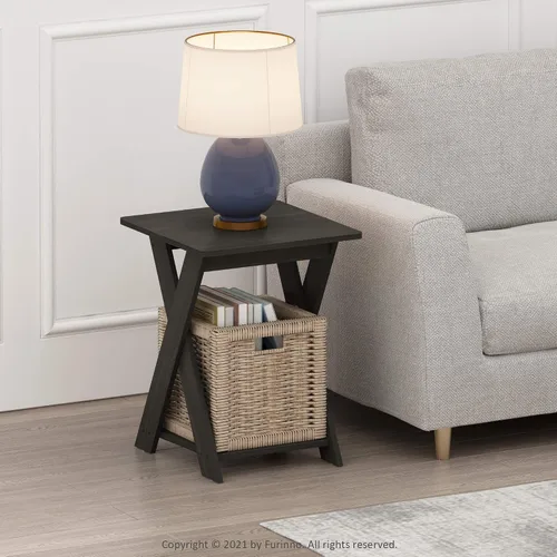 Vista 4 de Furinno Mesa auxiliar moderna y sencilla, mesa auxiliar cuadrada de 2 niveles con estante inferior abierto y patas en X, mesita de noche Espresso