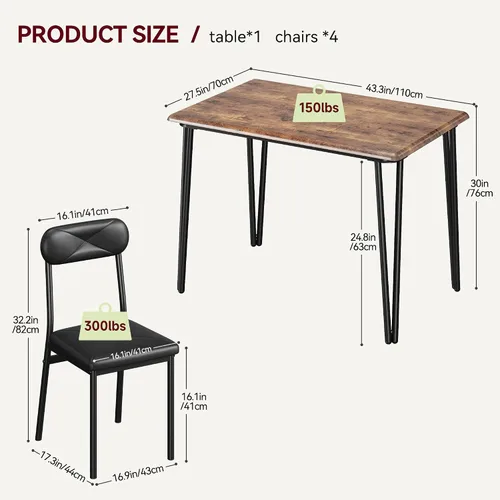 Vista 7 de Mesa de comedor de cocina y sillas tapizadas para 4, mesa rectangular de madera para 4 asientos, juego de comedor industrial de 5 piezas