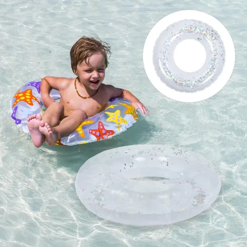 Vista 7 de Anillo de natación inflable transparente con lentejuelas brillantes, flotador de piscina de PVC de 24 pulgadas para niños, ligero y fácil