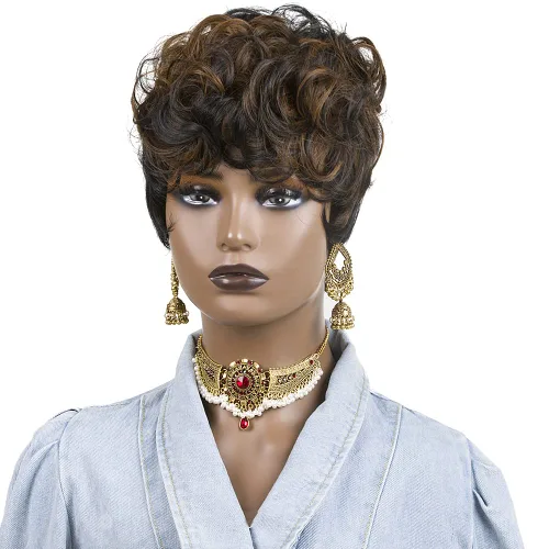 Vista 6 de Pelucas cortas de corte Pixie para mujeres negras, pelucas de corte Pixie con flequillo, negro mezclado con marrón, pelucas rizadas cortas