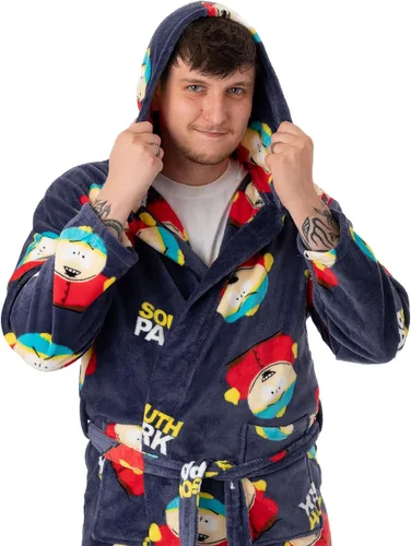 Vista 4 de South Park Albornoz con capucha para hombre Vestido estampado de Cartman para adultos en azul marino Ropa de descanso de forro polar de dibujos