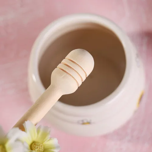 Vista 4 de Tarro de Miel Cerámico con Cuchara de Miel de Madera - Tarro de Miel con Cuchara - Tarro de Miel con Soporte, Gran Decoración de Abeja - Decoración