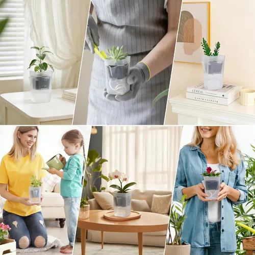 Vista 8 de Paquete de 16 macetas medianas de riego automático de 2.5 pulgadas para plantas de interior, pequeñas macetas de plástico transparente, macetas