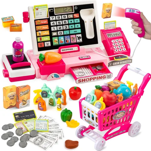 Vista 8 de Caja registradora para niños, calculadora real, caja registradora con escáner de juguete para niño de 3, 4, 5, 6, 7, 8 años, juego de simulación