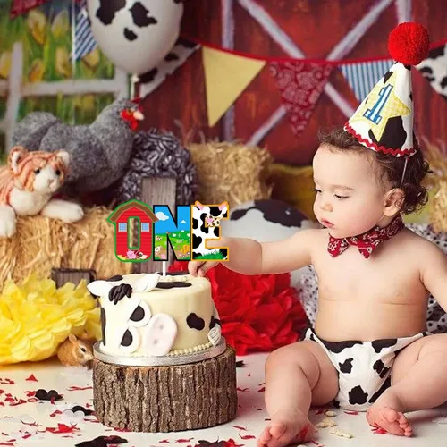 Vista 5 de Decoración de pastel de vaca de granja con temática de animales de vaca para el primer cumpleaños, decoración de pastel de aniversario de un año