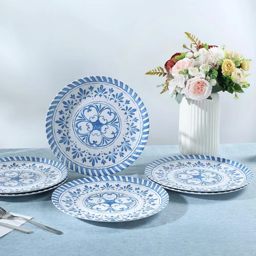 Vista 3 de Juego de platos de melamina Yinshine, juego de platos de cena de 10.75 pulgadas, juego de 6 platos azules con diseño en relieve, irrompibles, uso