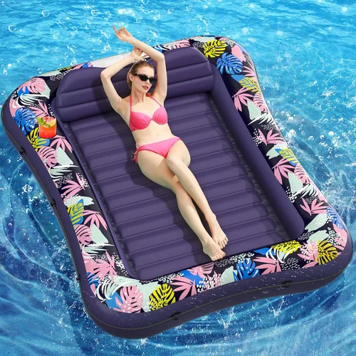 Vista 9 de OKSUWATER - Flotador para tumbona bronceadora para piscina, de 87 x 63 pulgadas, para adultos, con reposacabezas y soporte para bebidas, cama Azul