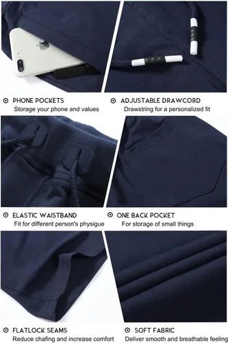 Vista 6 de Boyzn Pantalones cortos deportivos para hombre, cómodos, de algodón, con cintura elástica, con bolsillos con cremallera