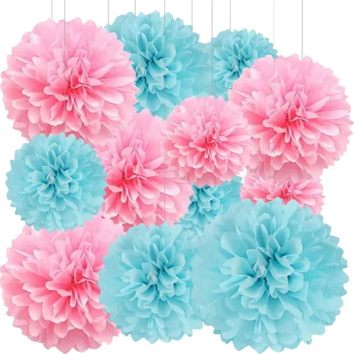 Vista 14 de BRZIKWT 12 pompones de papel de seda de punto ondulado degradado negro y dorado para fiesta, techo, colgar en la pared, decoración de flores