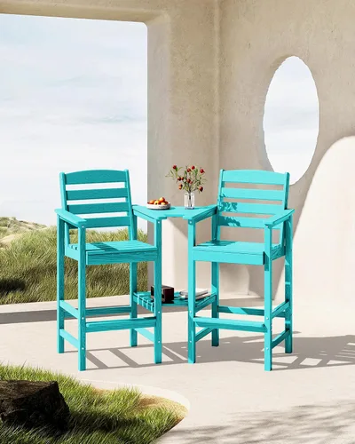 Vista 2 de SERWALL: Juego de 2 sillas Adirondack altas con mesa conectada, taburetes de exterior para todo clima, color azul Aruba