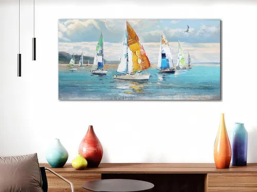 Vista 5 de Ardemy Arte de pared de barco de velero, arte abstracto azul con textura náutica, pintura costera grande para sala de estar, dormitorio, oficina