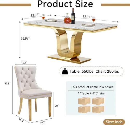 Vista 5 de Juego de 4 mesas de comedor blancas y doradas, mesa de cocina rectangular de 68 pulgadas con parte superior de mármol sintético blanco, mesa de Mesa