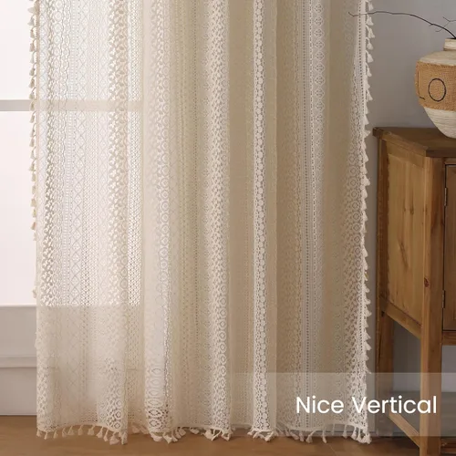 Vista 6 de WAZZIO Cortinas de Encaje, Cortina Boho de Crochet para Dormitorio, Cortinas de Café de Algodón, 45 Pulgadas de Largo, 2 Paneles con Bolsillo
