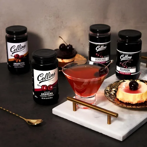 Vista 6 de Collins Amarena Cherries - Guarnición de cóctel prémium para cócteles, mezclas antiguas, cerezas italianas, tarro de cereza agria dulce de 13.4 onzas