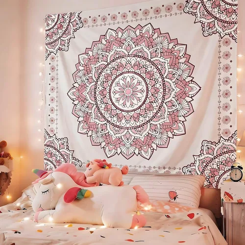 Vista 3 de Atrippy Tapiz de pared bohemio con mandala rosa para dormitorio, tapiz estético blanco y rosa, decoración de habitación para adolescentes y niñas