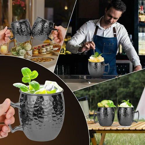 Vista 6 de Amrules Tazas Moscow Mule, 16 OZ Taza Mule Negra Martillada con Forro de Acero Inoxidable 304 y Asa de Latón, para Bebidas Frías, Cerveza, Vino