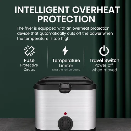 Vista 3 de Freidora Eléctrica de Aceite de Acero Inoxidable de 1000 W - Freidora Eléctrica de Aceite 2.5L – Freidora de Temperatura Ajustable con Canasta