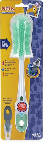 Vista 3 de Nuby Botella de cerdas de silicona suave antiarañazos y cepillo para pezones con mango en bucle, aguamarina