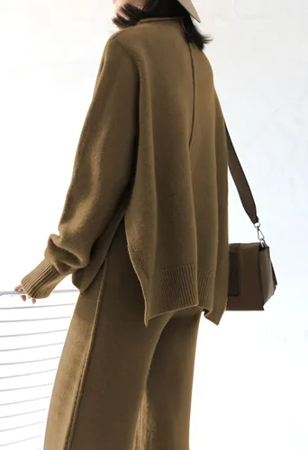 Vista 5 de Viottiset Conjunto de 2 piezas de suéter para mujer, pantalones de pierna ancha, cuello alto, ropa de descanso