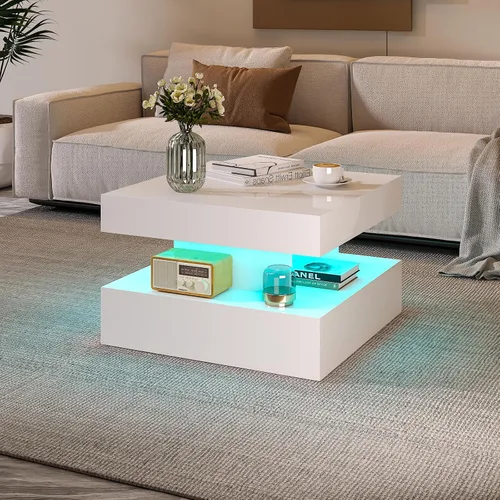 Vista 13 de HedoAjim Mesa de centro LED negra para sala de estar, mesa de sala de estar, mesas centrales cuadradas de 2 niveles, mesas de centro de madera