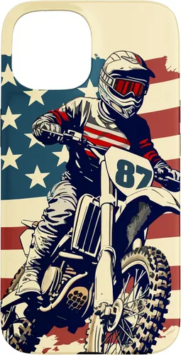 Vista 6 de Funda vintage para iPhone 16 Motocross Rider Dirt Bike con bandera estadounidense