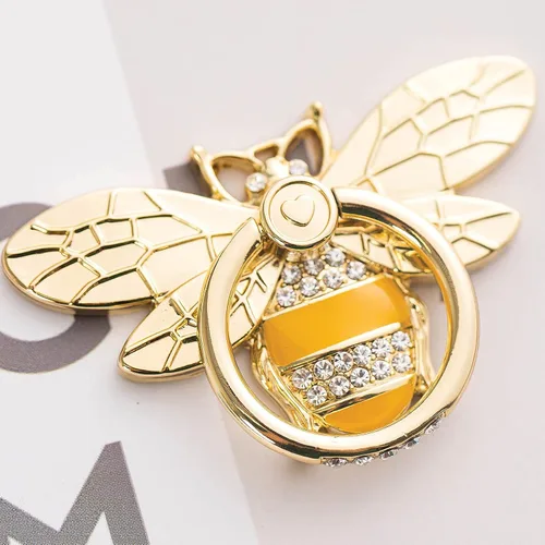 Vista 6 de Lindo soporte de anillo de teléfono de abeja amarilla para niña, apicultor de metal para teléfono iPhone y Android, resina de oro amarillo de 18