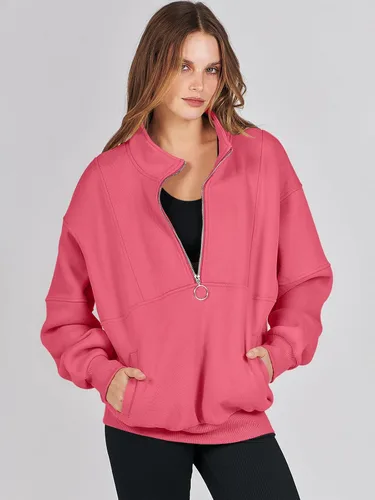 Vista 2 de ANRABESS Sudaderas de forro polar con media cremallera para mujer, de gran tamaño, con cremallera de un cuarto, ropa de otoño 2024, ropa de moda