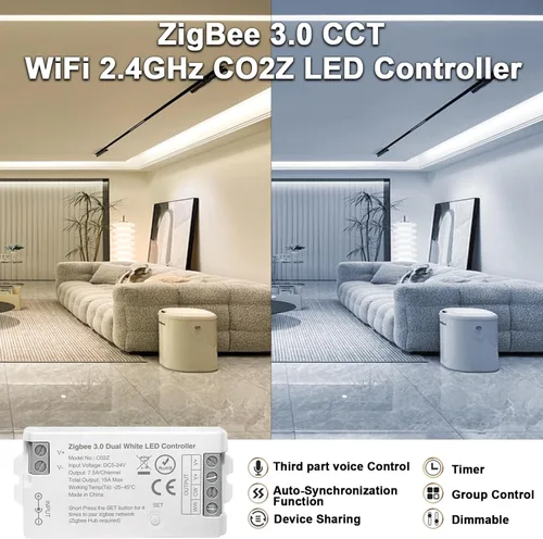 Vista 4 de ZigBee - Controlador LED 3.0 C02Z CCT Dual Blanco LED Tira de luz regulable compatible con Echo Plus Home-kit Zigbee Hub Bridge requiere DC5-24V