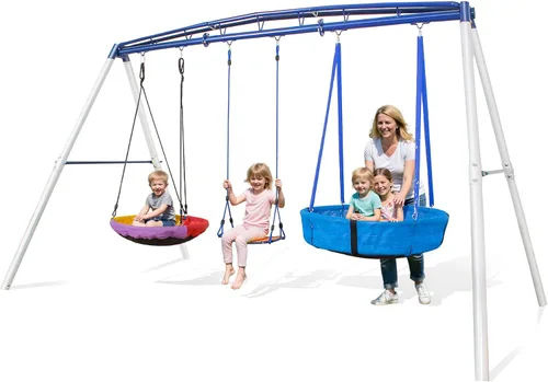 Vista 11 de Juego de columpios 3 en 1 con columpio de disco volador para patio trasero, juegos de 440 libras para patio trasero, juego de columpios para niños
