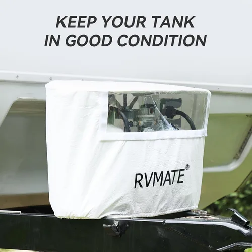 Vista 2 de RVMATE Cubierta de tanque de propano para caravana, impermeable, anti-UV, cubierta de tanque de propano blanco, se adapta a tanques de propano dual