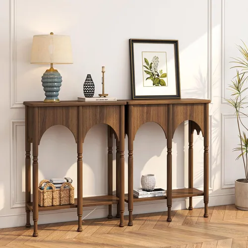 Vista 9 de Mesa consola con estante de almacenamiento, mesa de entrada pequeña y estrecha de 28 pulgadas Mesa de madera vintage con patas de estilo romano