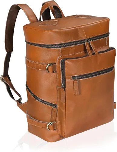Vista 10 de HLC Mochila de cuero genuino para computadora portátil para hombres y mujeres, mochila genuina de gran capacidad, para negocios, retro, viajes