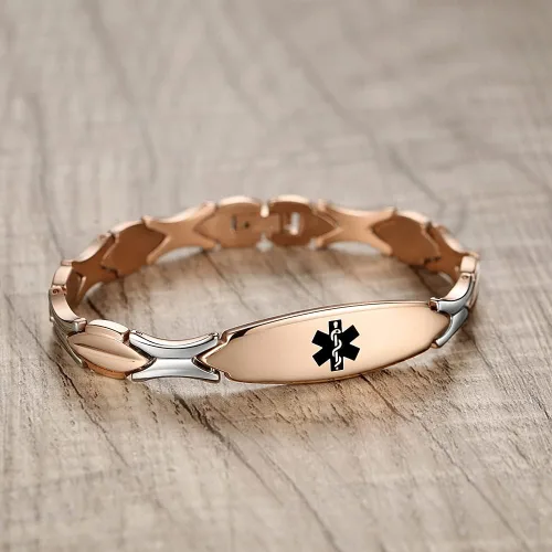 Vista 2 de LinnaLove Pulseras de alerta médica personalizadas para mujer pulseras médicas de emergencia de acero inoxidable con grabado gratuito 75 Metal Sin