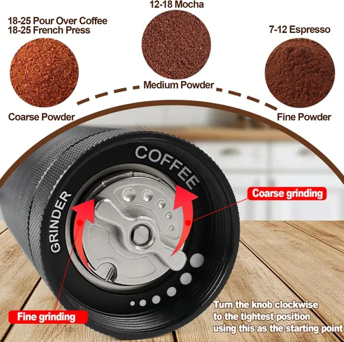 Vista 3 de Molinillo de café manual, caja de regalo, rebaba cónica desmontable de acero inoxidable, molinillo de granos de café de aluminio con 25 ajustes