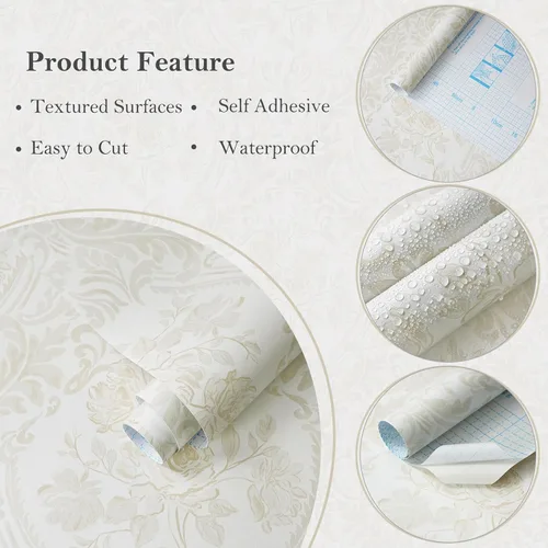 Vista 8 de Ismoon Papel Tapiz Floral Despegable y Adhesivo Papel de Contacto Vintage Beige Boho Acuarela Damasco Papel de Pared Texturizado Removible