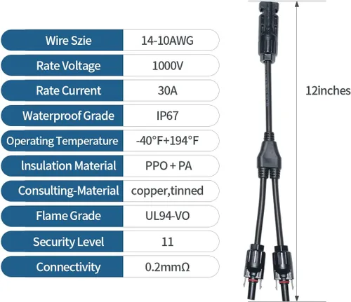 Vista 7 de ELFCULB 2 pares de conectores de panel solar, 1 pie de cable adaptador paralelo de rama en Y, 1 macho a 2 hembras (M/FF) y 1 hembra a 2 machos 2