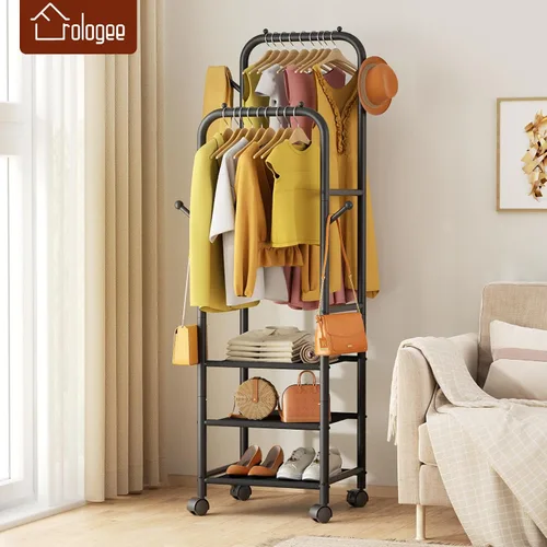Vista 3 de Furologee - Percheros enrollables para colgar ropa, con dobles varillas, con ruedas, perchereros resistentes, perchero metálico portátil