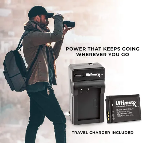 Vista 7 de Ultimaxx Cargador de viaje rápido y 2 baterías EN-EL12 (1500 mAh) para Nikon COOLPIX A1000 B600 W300 A900 AW100 AW110 AW120 AW130 S6300 S8100 S8200