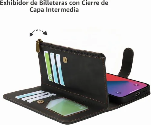 Vista 7 de iCoverCase Compatible con iPhone 13 - Funda tipo cartera para teléfono con tarjetero, piel sintética, bolsillo con cremallera, magnética Desmontable