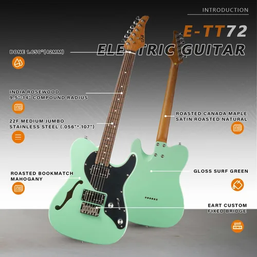 Vista 2 de EART E-TT72 Guitarra eléctrica de cuerpo semihueco de 6 cuerdas, capacidad de juego versátil, potentes pastillas Humbucker guitarras de puente fijo