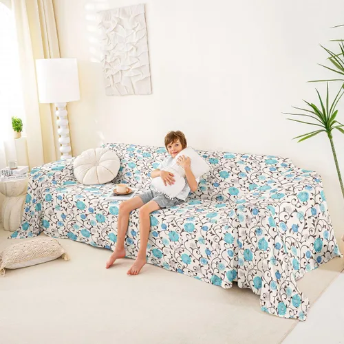 Vista 4 de Erosebridal Funda de sofá floral de 71 x 91 pulgadas, diseño de loto, antideslizante, acuarelas, diseño de hojas de flores azules, con pintura