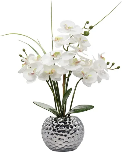 Vista 12 de Orquídeas blancas artificiales en maceta dorada, orquídea Phalaenopsis falsa, orquídea Bonsia sintética, centro de mesa para mesa de comedor