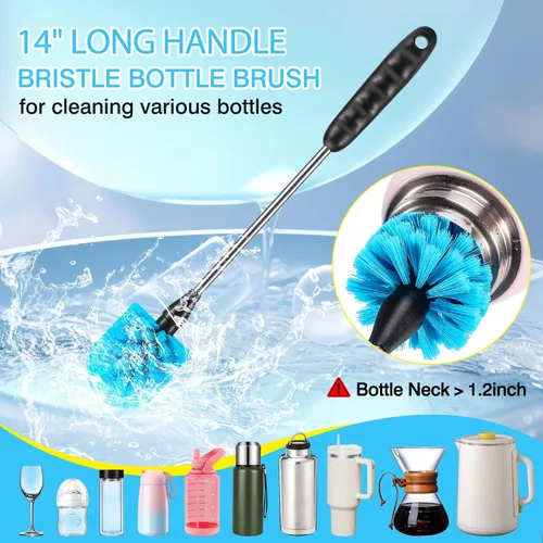 Vista 2 de Juego de 5 cepillos de limpieza de botellas, cepillo de limpieza con mango de acero inoxidable de 35.56 cm de largo y 3 cepillos para pajitas